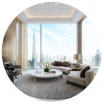 Waldorf Astoria Residence Dubai Downtown - A Family lounge with a view of Downtown Dubai's skyline.